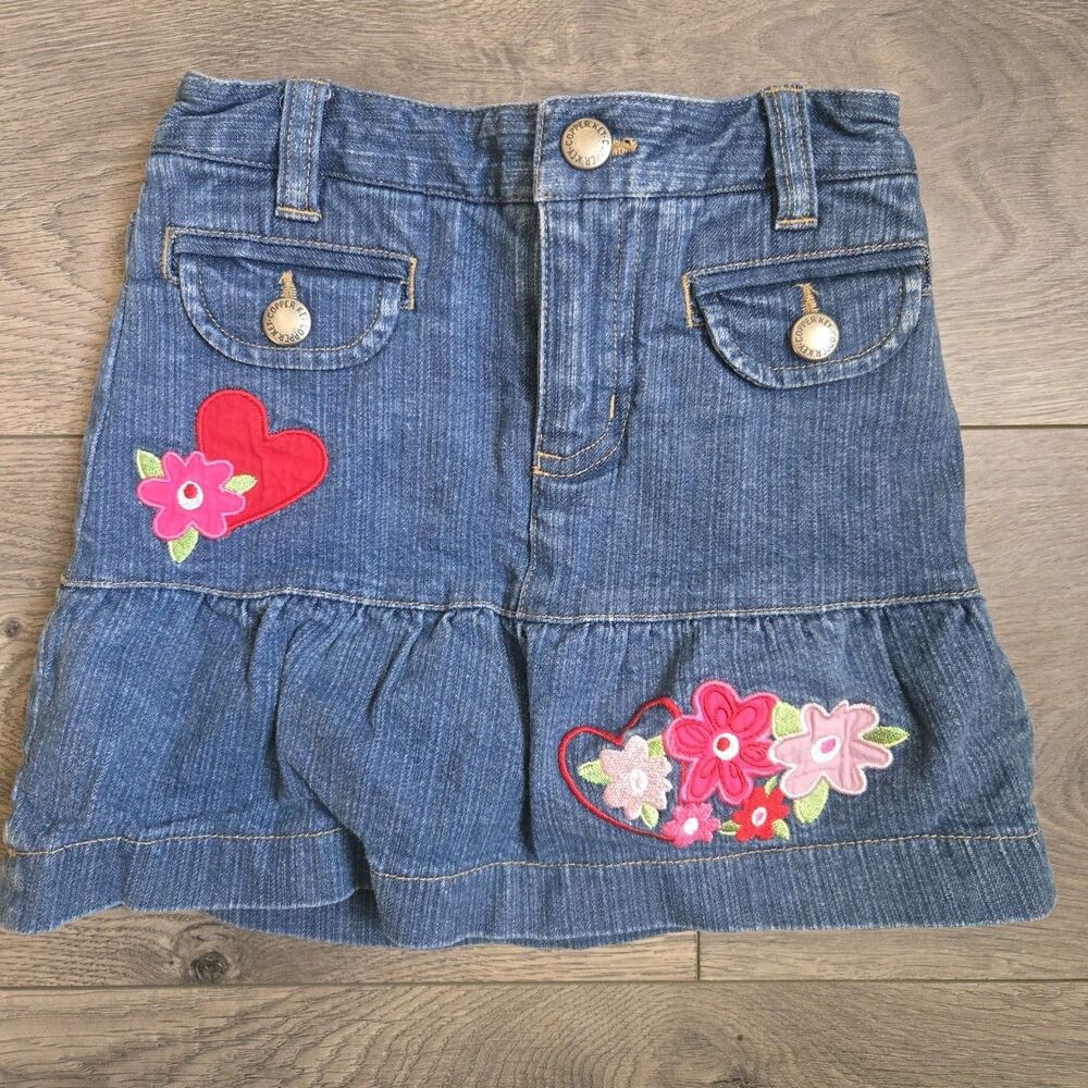 Vintage Copper Key Girls Denim Skort Size 3 Floral Heart Embroidered Jean Y2K